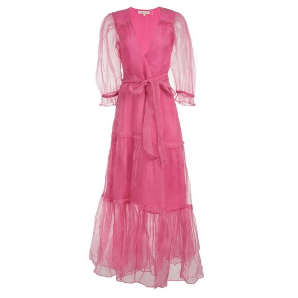 LoveShackFancy Stormi Maxi Dress Sz M Pink Silk Chiffon Wrap Style Tiered Skirt - Picture 2 of 12